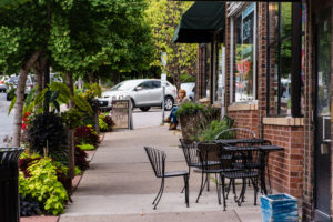 Photo of Bryn Mawr sidewalk outside businesses.