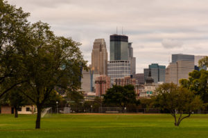 Photo of Minneapolis skyline taken from Bryn Mawr Meadows park.