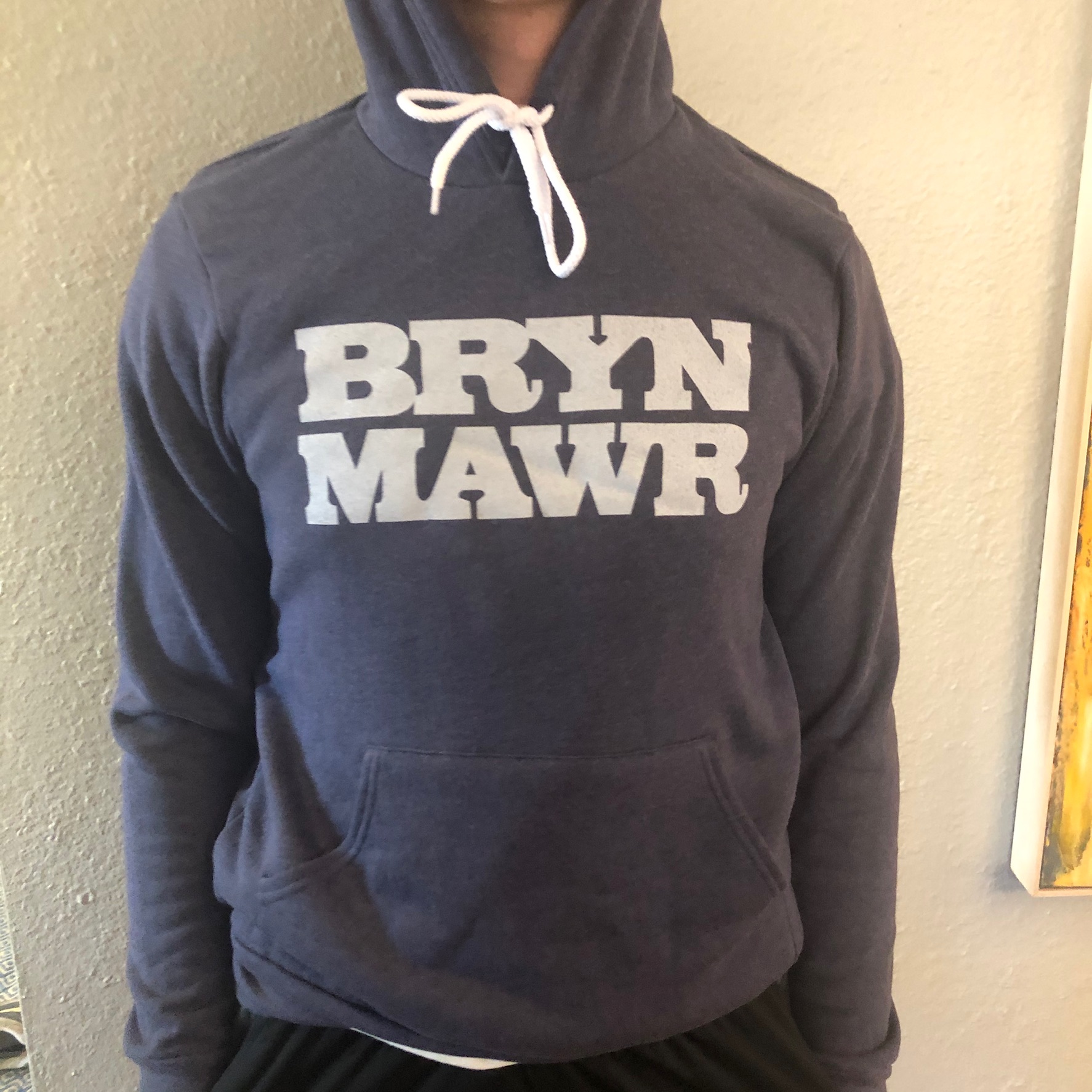 heather navy hoodie with gray letters